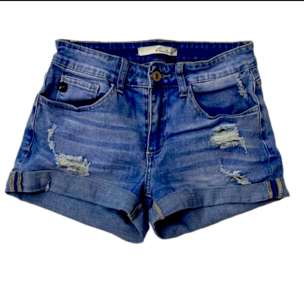 KANCAN High Rise Rolled Hem Distressed Denim Shorts